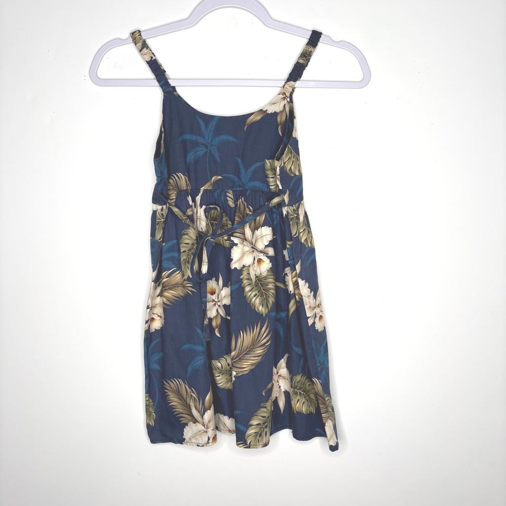 Vtg. KY'S Hawaii Girls Blue Tropical Floral Palm Cotton Dress Size 8 Made in USA